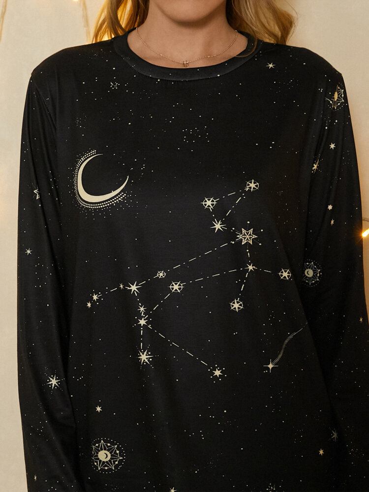 Kvinder Skytten Print Stars Moon O-hals Langærmet Casual T-shirt