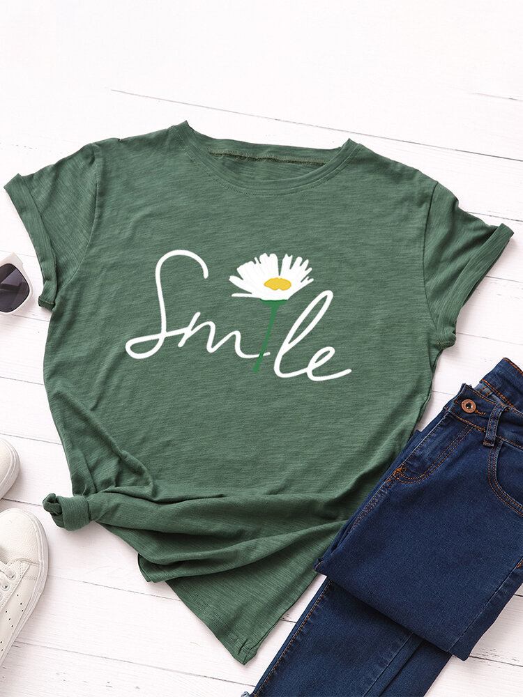 Kvinder Smile Daisy Print Multicolor O-hals Kortærmet Casual T-shirt