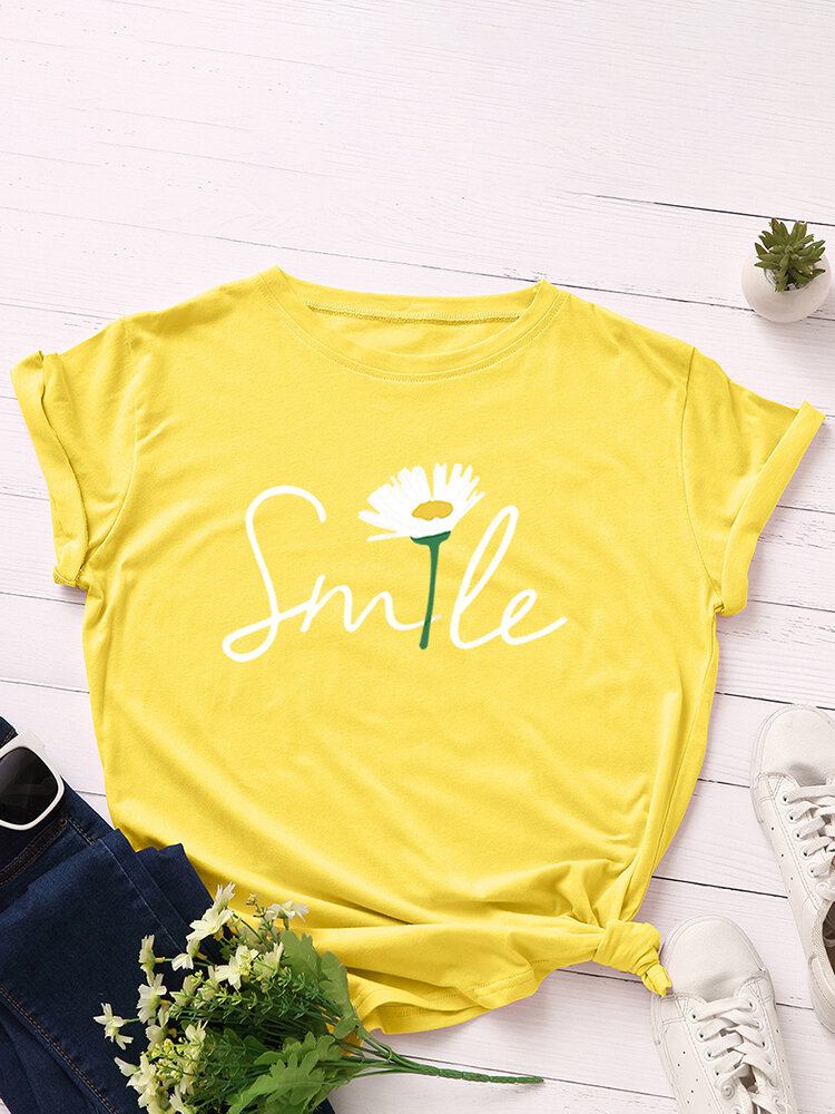 Kvinder Smile Daisy Print Multicolor O-hals Kortærmet Casual T-shirt