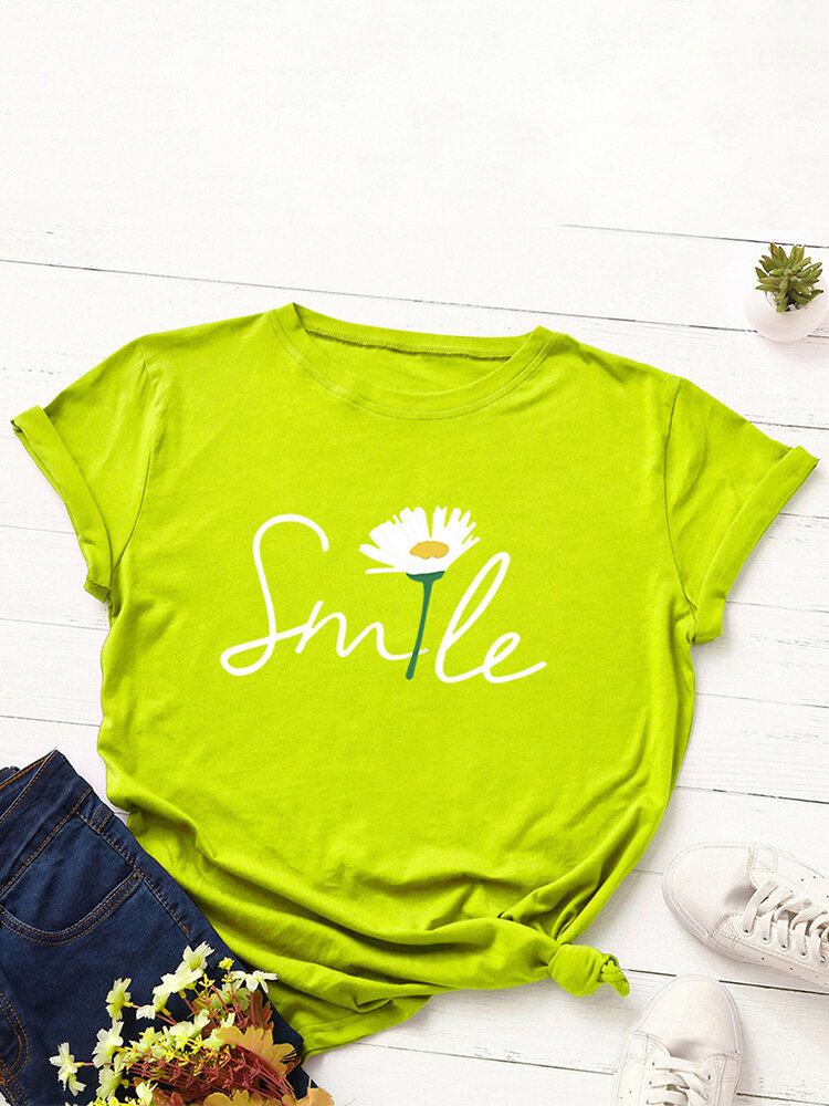 Kvinder Smile Daisy Print Multicolor O-hals Kortærmet Casual T-shirt