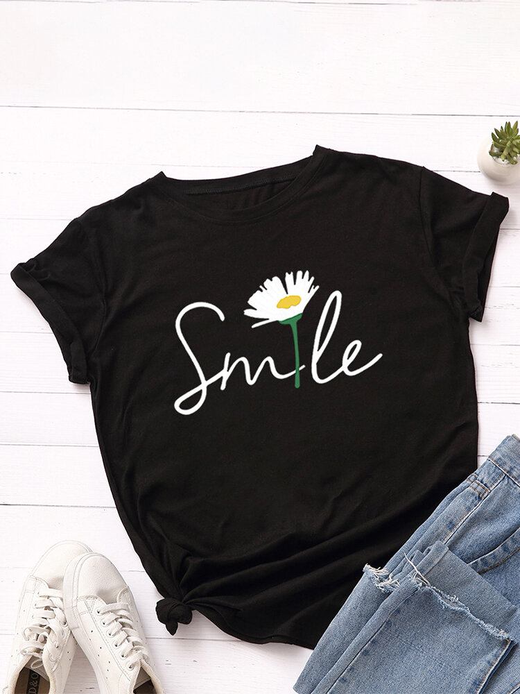 Kvinder Smile Daisy Print Multicolor O-hals Kortærmet Casual T-shirt