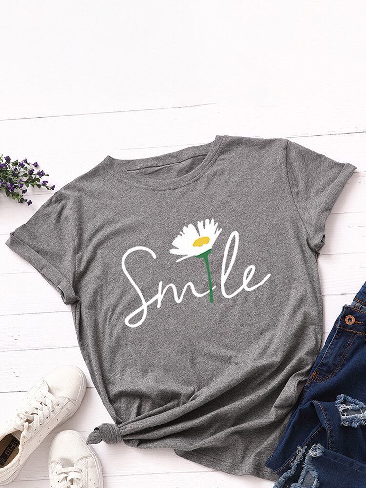 Kvinder Smile Daisy Print Multicolor O-hals Kortærmet Casual T-shirt