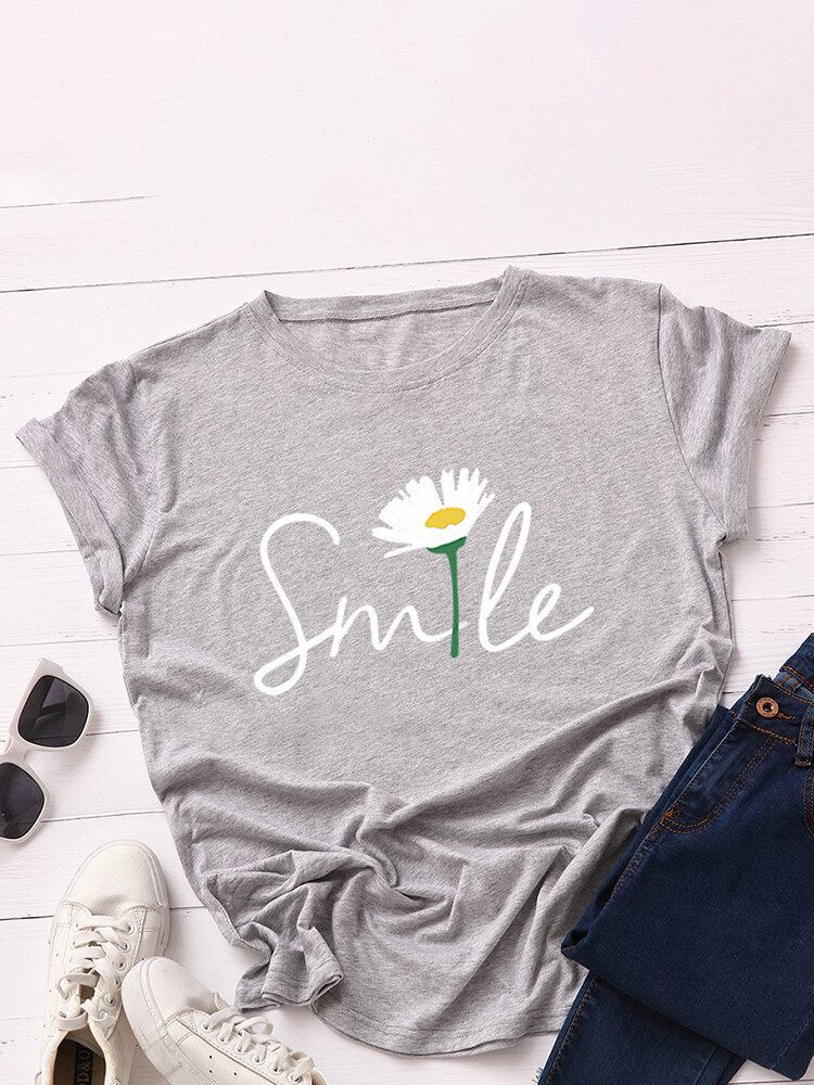 Kvinder Smile Daisy Print Multicolor O-hals Kortærmet Casual T-shirt