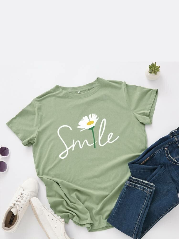 Kvinder Smile Daisy Print Multicolor O-hals Kortærmet Casual T-shirt