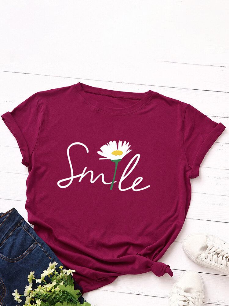 Kvinder Smile Daisy Print Multicolor O-hals Kortærmet Casual T-shirt