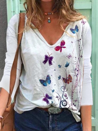 Kvinder Sommerfugletryk V-hals Regular Fit Langærmet Casual T-shirt