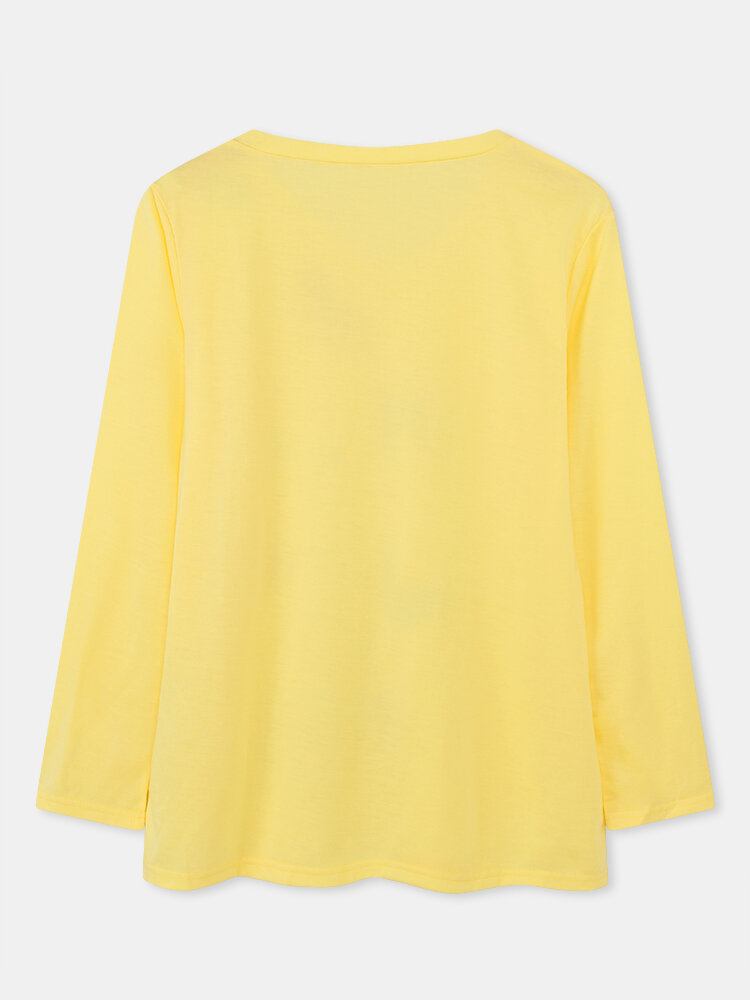 Kvinder Sommerfugletryk V-hals Regular Fit Langærmet Casual T-shirt