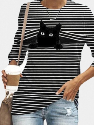 Kvinder Sort Cat Print Langærmet O-hals Stribet Casual T-shirt
