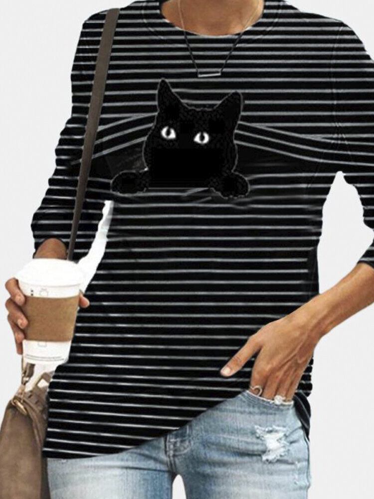 Kvinder Sort Cat Print Langærmet O-hals Stribet Casual T-shirt