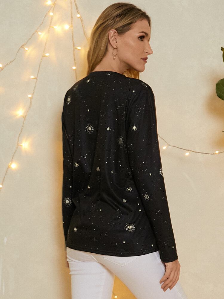 Kvinder Taurus Print Stars Moon O-hals Langærmet Afslappet T-shirt