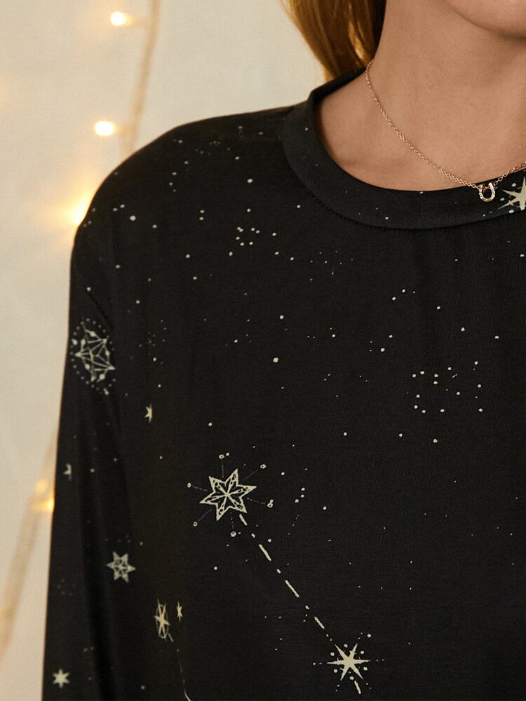 Kvinder Taurus Print Stars Moon O-hals Langærmet Afslappet T-shirt