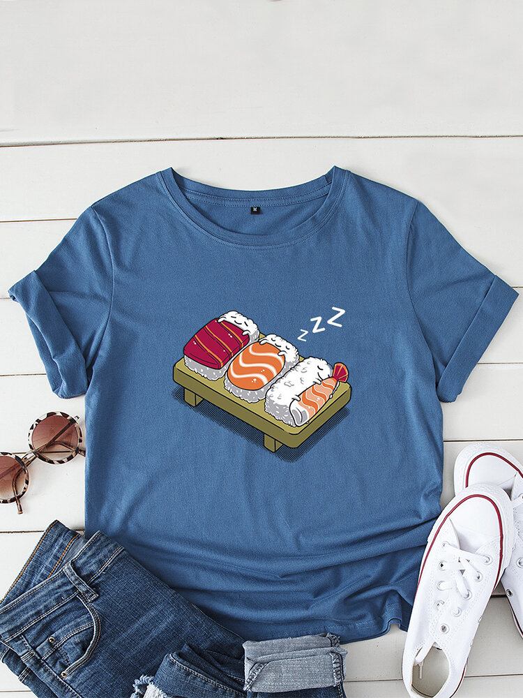 Kvinder Tegneserie Sovende Sushi Print O-hals Kortærmet Fritids T-shirt