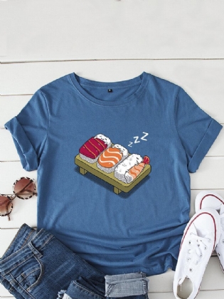 Kvinder Tegneserie Sovende Sushi Print O-hals Kortærmet Fritids T-shirt