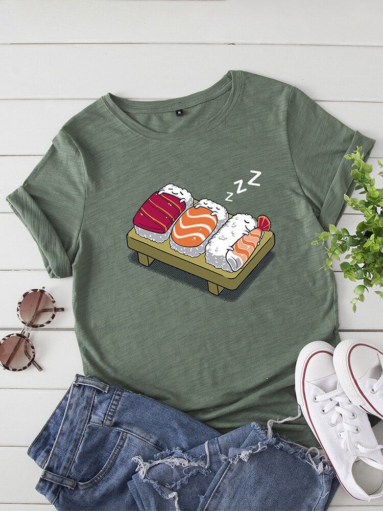 Kvinder Tegneserie Sovende Sushi Print O-hals Kortærmet Fritids T-shirt