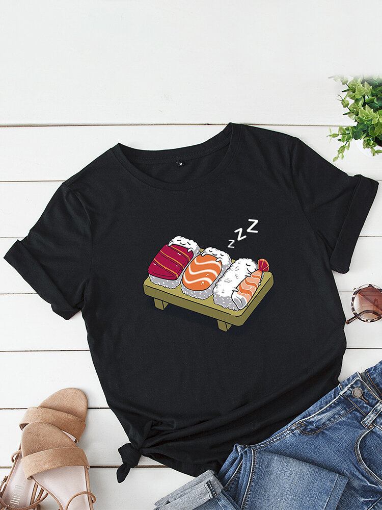 Kvinder Tegneserie Sovende Sushi Print O-hals Kortærmet Fritids T-shirt