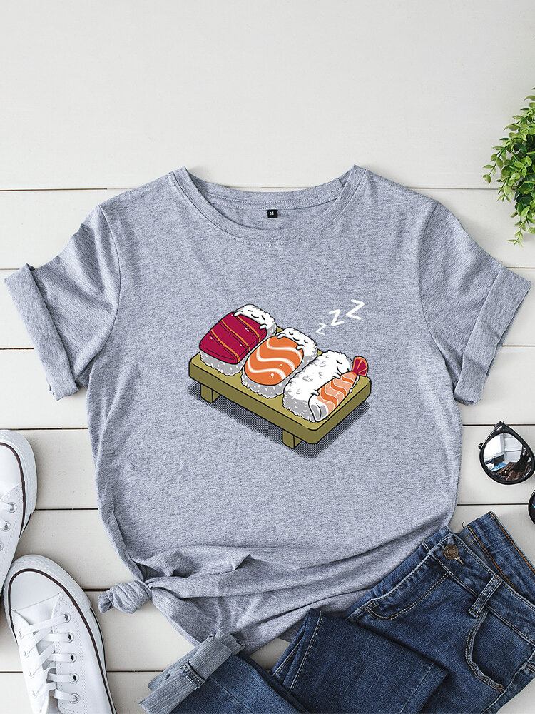 Kvinder Tegneserie Sovende Sushi Print O-hals Kortærmet Fritids T-shirt