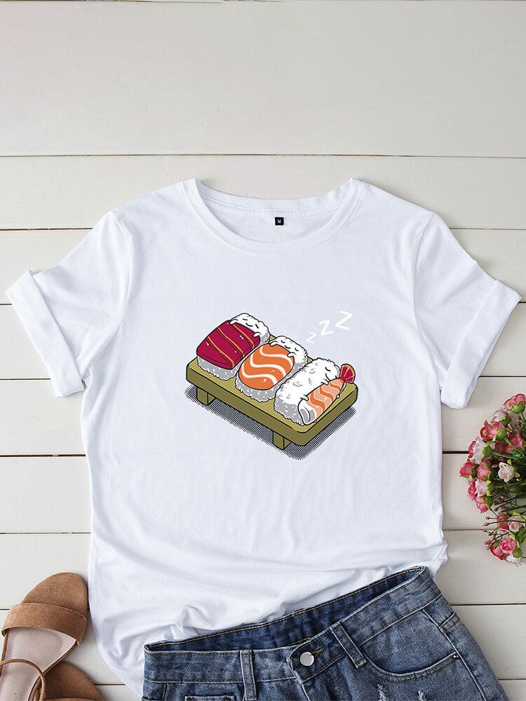 Kvinder Tegneserie Sovende Sushi Print O-hals Kortærmet Fritids T-shirt