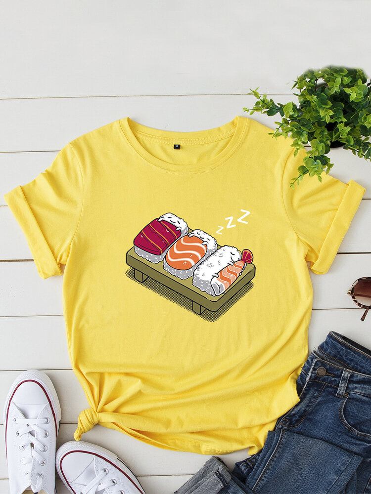 Kvinder Tegneserie Sovende Sushi Print O-hals Kortærmet Fritids T-shirt