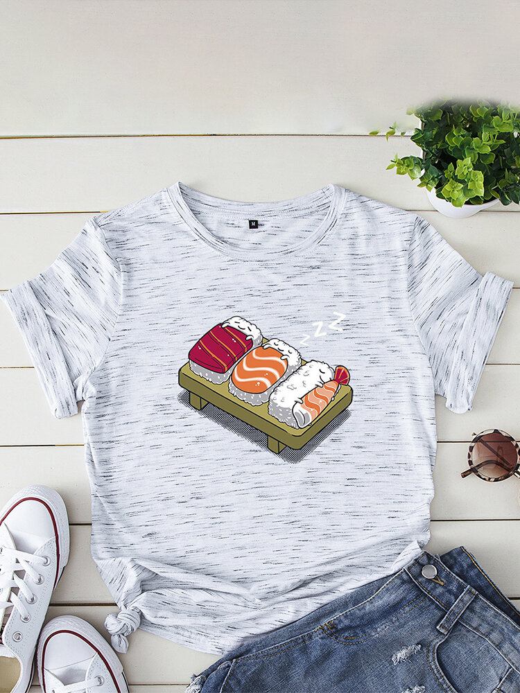 Kvinder Tegneserie Sovende Sushi Print O-hals Kortærmet Fritids T-shirt