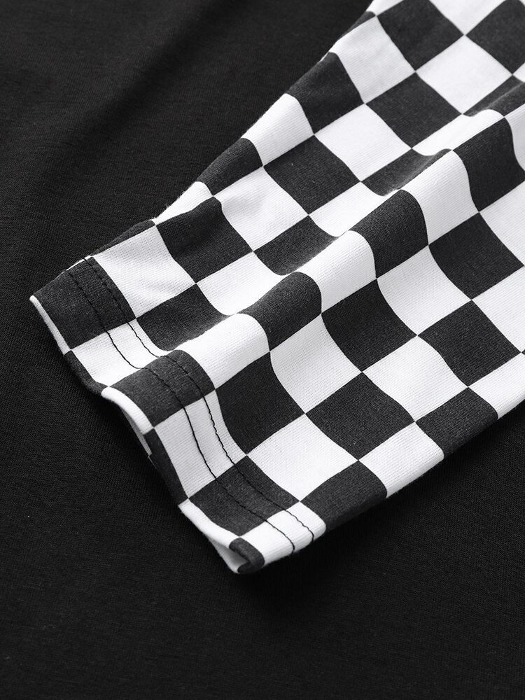 Langærmet Skakternet Mænd Med Falsk To Patchwork T-shirt