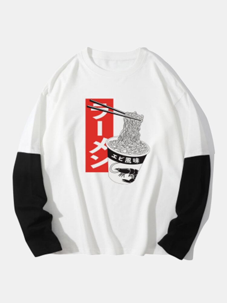 Mænd 100% Bomuld Japanske Nudler Print 2 I 1 Langærmede T-shirts