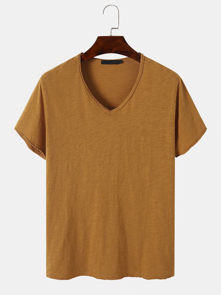 Mænd 100% Bomuld Solid Plisseringer V-hals Blød Åndbar All Matched Casual T-shirt