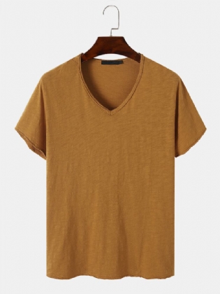 Mænd 100% Bomuld Solid Plisseringer V-hals Blød Åndbar All Matched Casual T-shirt