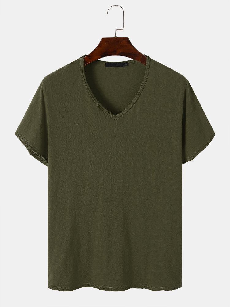 Mænd 100% Bomuld Solid Plisseringer V-hals Blød Åndbar All Matched Casual T-shirt