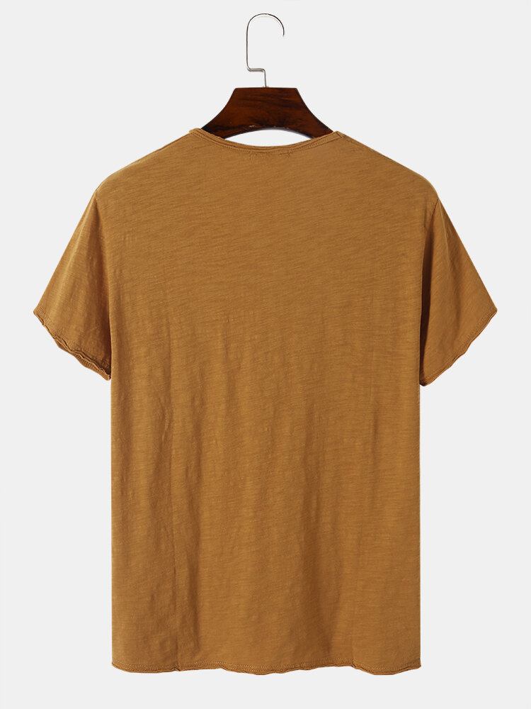 Mænd 100% Bomuld Solid Plisseringer V-hals Blød Åndbar All Matched Casual T-shirt