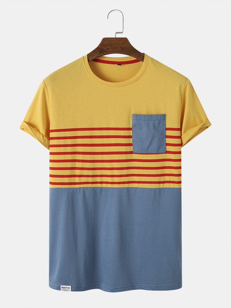 Mænd Bomuld Kontraststribet Colorblock Brystlomme Kortærmet Fritids T-shirt