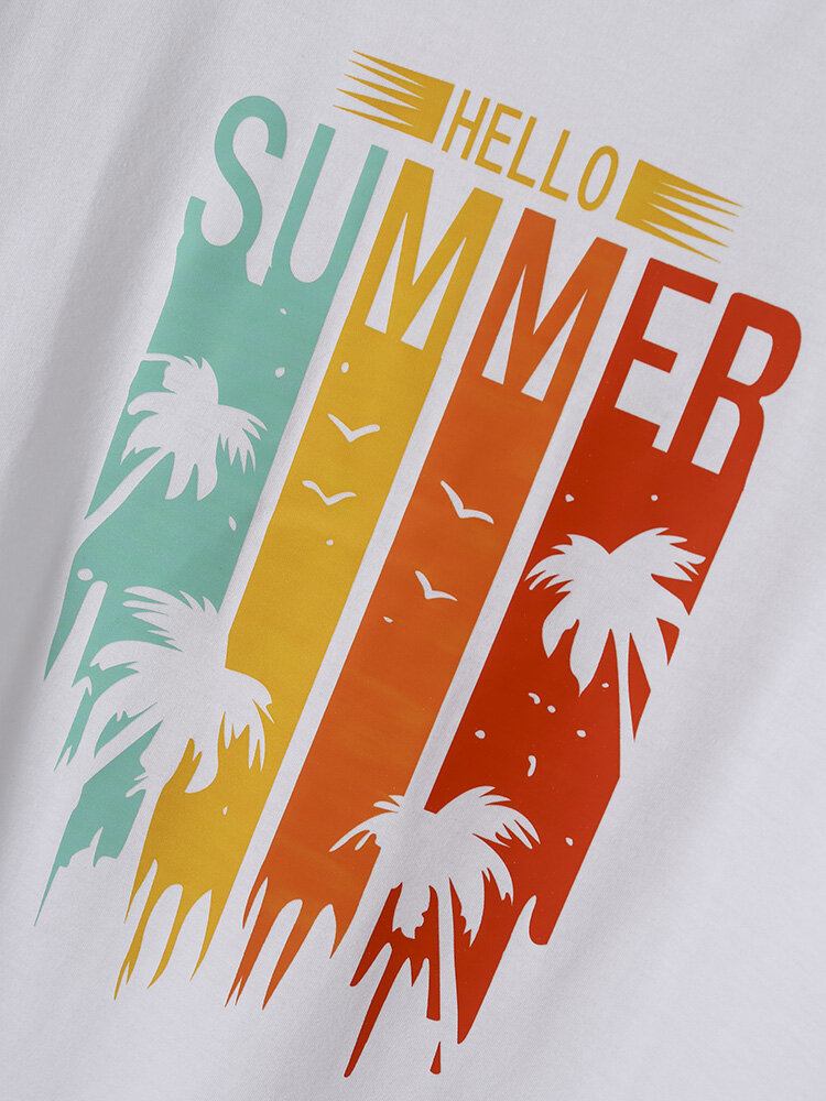 Mænd Bomuld Letter Coconut Tree Hawaii Alle Matchede Hudvenlige T-shirts Med Rund Hals