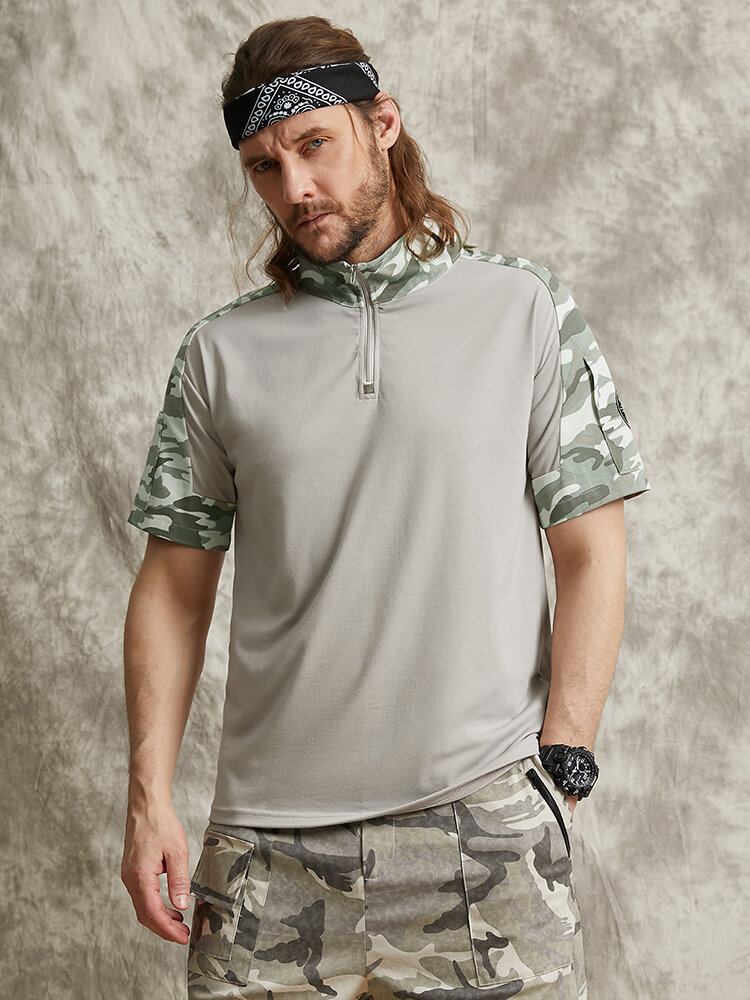 Mænd Camo Patchwork Ikonmønster Halv Lynlås Blød Åndbar Kortærmet T-shirt