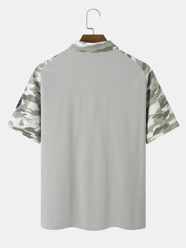 Mænd Camo Patchwork Ikonmønster Halv Lynlås Blød Åndbar Kortærmet T-shirt