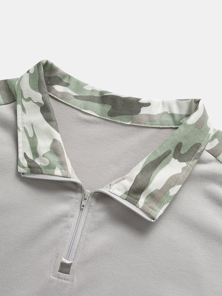 Mænd Camo Patchwork Ikonmønster Halv Lynlås Blød Åndbar Kortærmet T-shirt