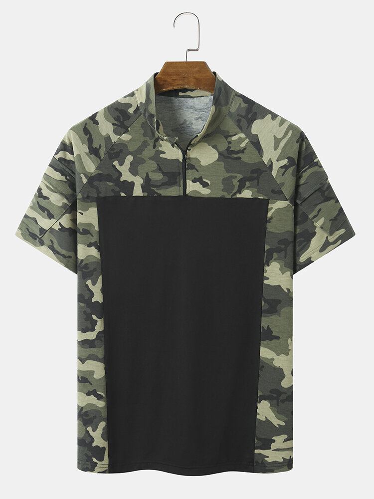 Mænd Camo Print Patchwork Front Lynlås Hudvenlig Kortærmet Casual T-shirt