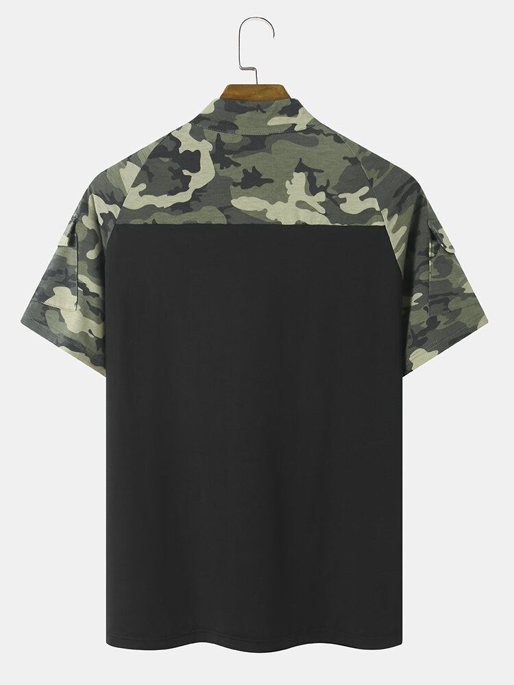 Mænd Camo Print Patchwork Front Lynlås Hudvenlig Kortærmet Casual T-shirt