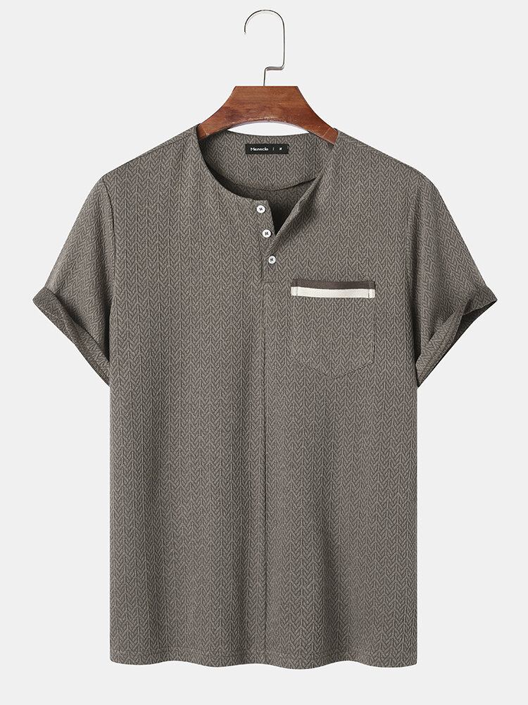 Mænd Chevron Texture Half Button T-shirts Med Korte Ærmer Uden Krave