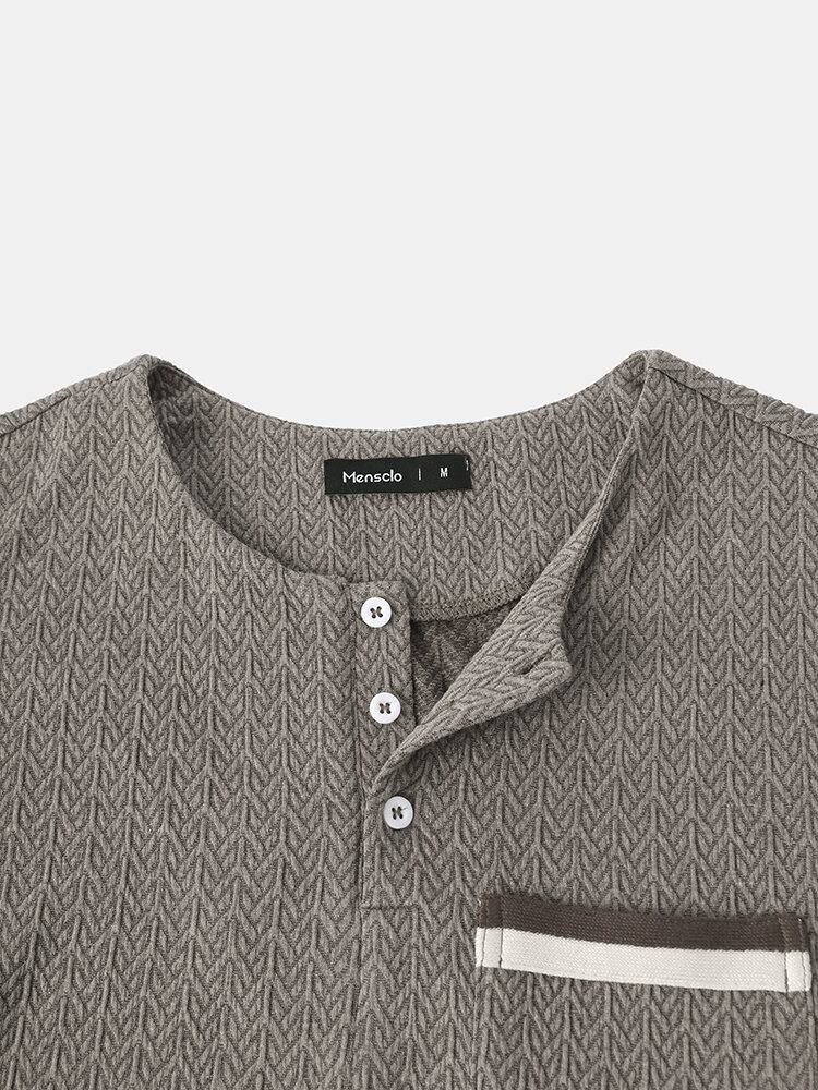 Mænd Chevron Texture Half Button T-shirts Med Korte Ærmer Uden Krave