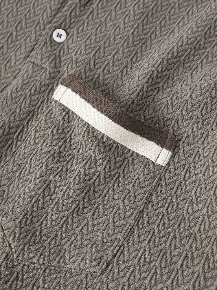 Mænd Chevron Texture Half Button T-shirts Med Korte Ærmer Uden Krave