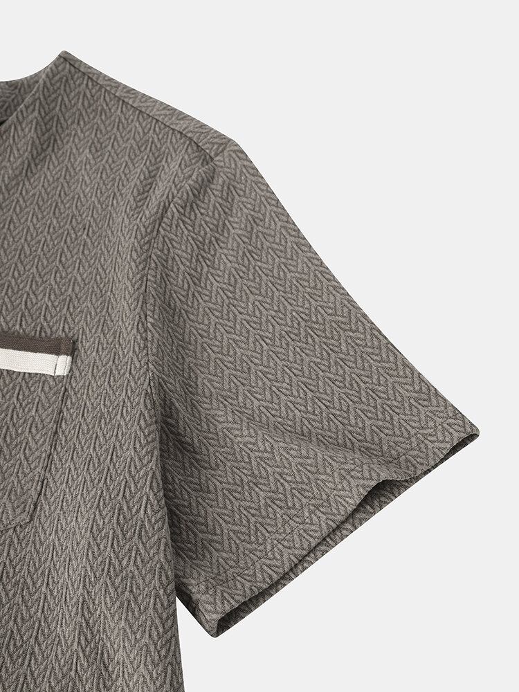 Mænd Chevron Texture Half Button T-shirts Med Korte Ærmer Uden Krave