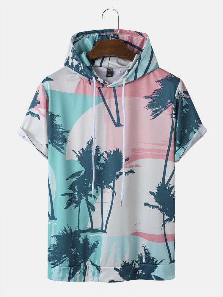 Mænd Coconut Tree Print Hættesnøre Kortærmede Casual T-shirts