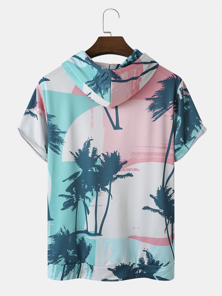 Mænd Coconut Tree Print Hættesnøre Kortærmede Casual T-shirts