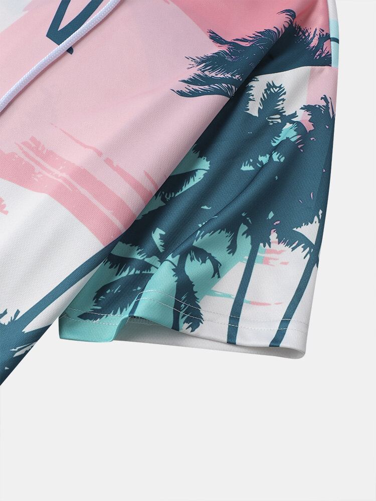 Mænd Coconut Tree Print Hættesnøre Kortærmede Casual T-shirts