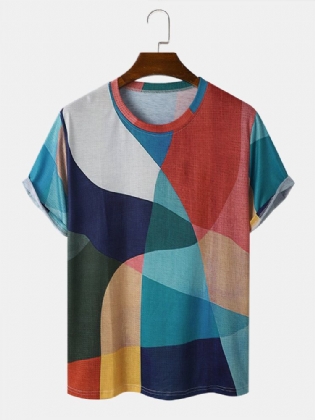 Mænd Geometrisk Farveblok Abstrakt Print Med Rund Hals Bløde Åndbare T-shirts