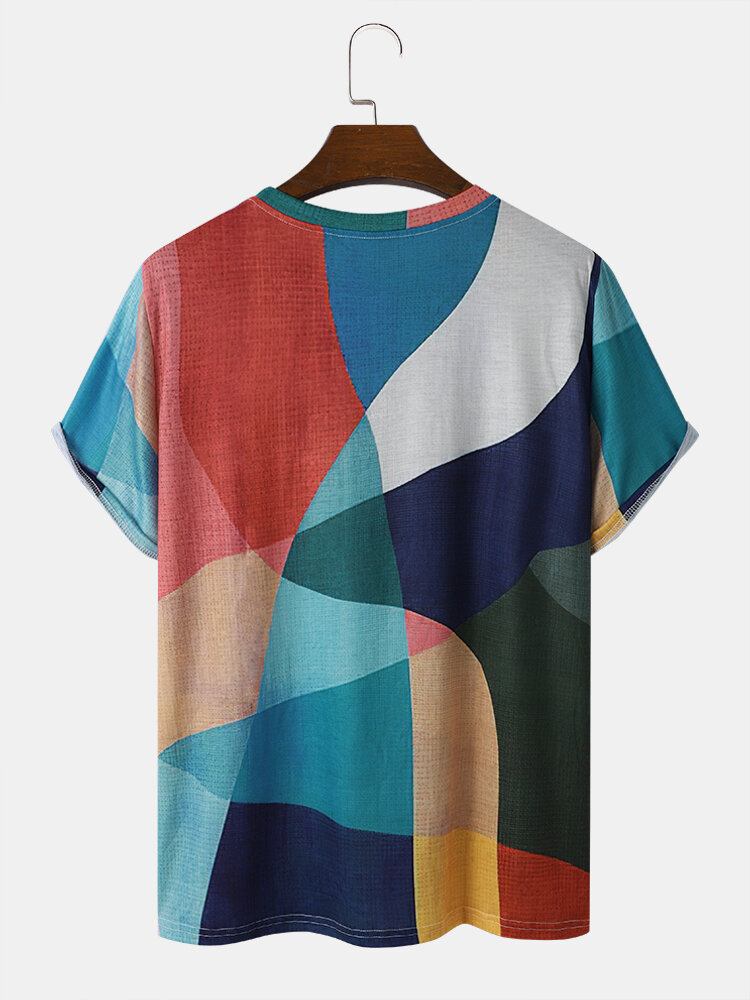 Mænd Geometrisk Farveblok Abstrakt Print Med Rund Hals Bløde Åndbare T-shirts