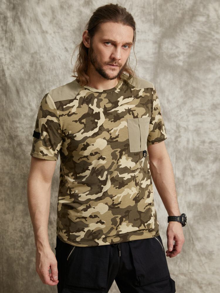 Mænd Gingham Camo Print Enkellommesøm Manchet Hudvenlig Kortærmet T-shirt