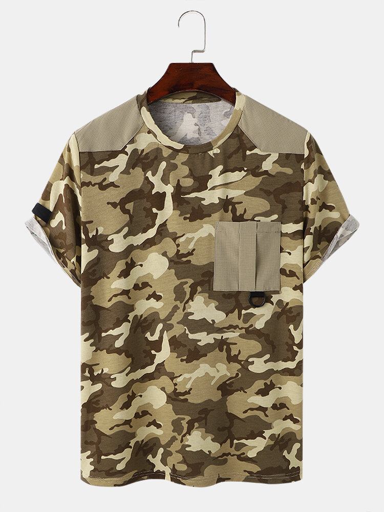 Mænd Gingham Camo Print Enkellommesøm Manchet Hudvenlig Kortærmet T-shirt