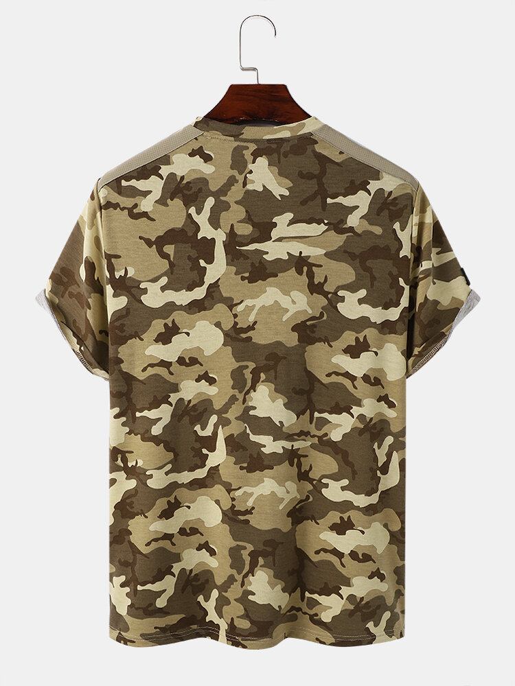 Mænd Gingham Camo Print Enkellommesøm Manchet Hudvenlig Kortærmet T-shirt