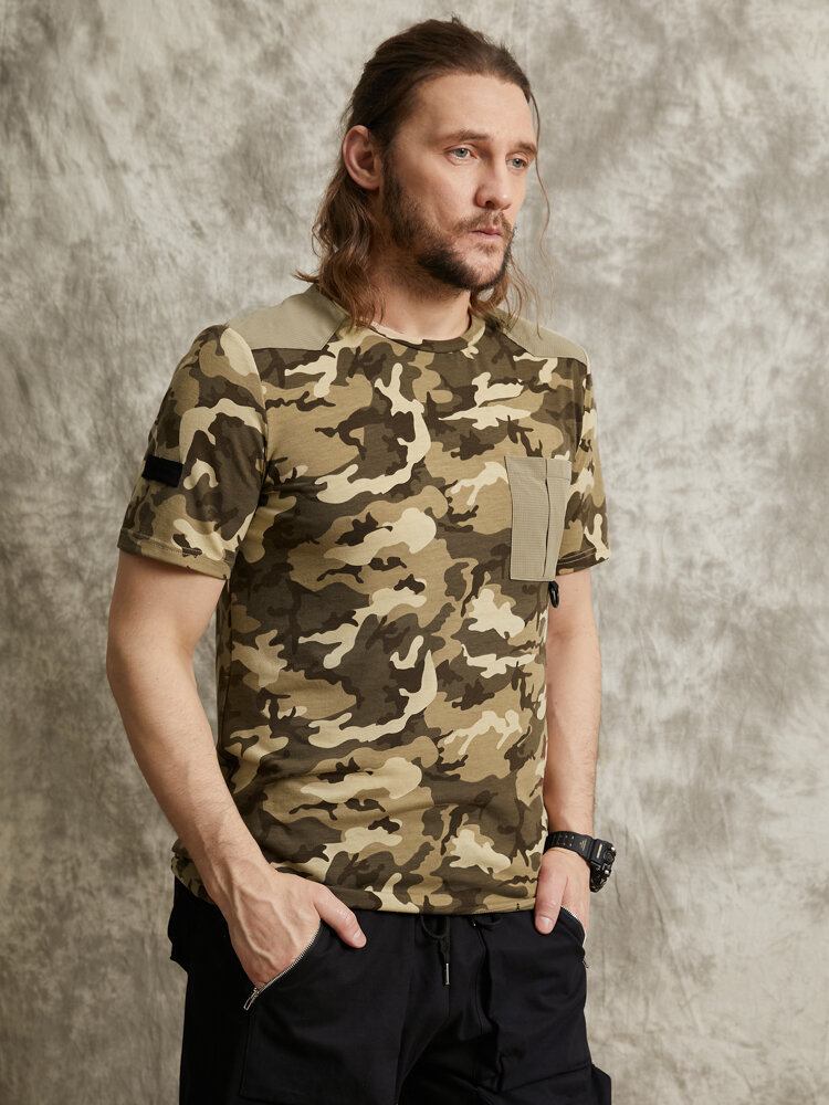 Mænd Gingham Camo Print Enkellommesøm Manchet Hudvenlig Kortærmet T-shirt