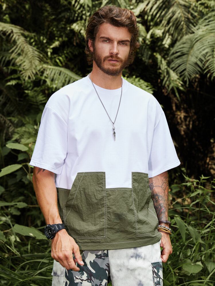 Mænd Hit Pocket Colorblock Side Zip Split Bløde Åndbare T-shirts